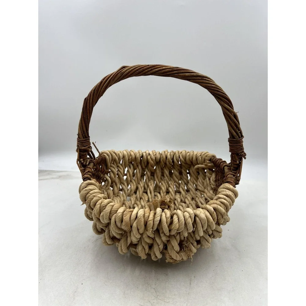 Rustic Woven Wicker and Rope Basket with Handle Natural Fiber Farmhouse Decor